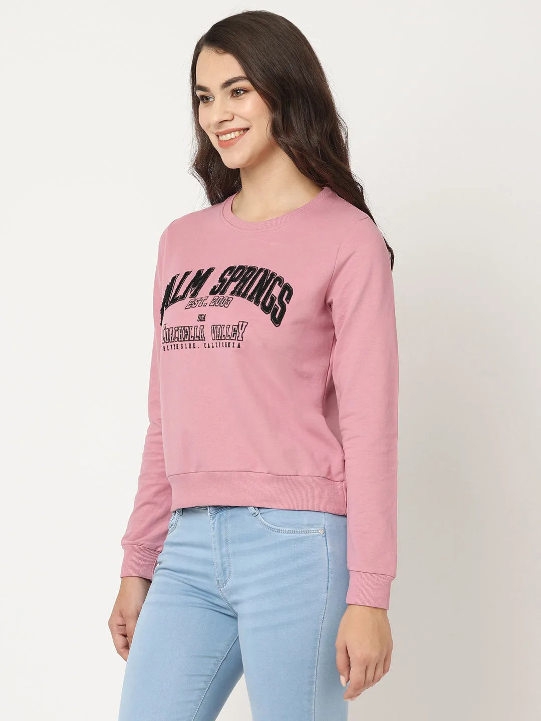 Women Slim Fit Dusty Pink Printed Sweatshirt