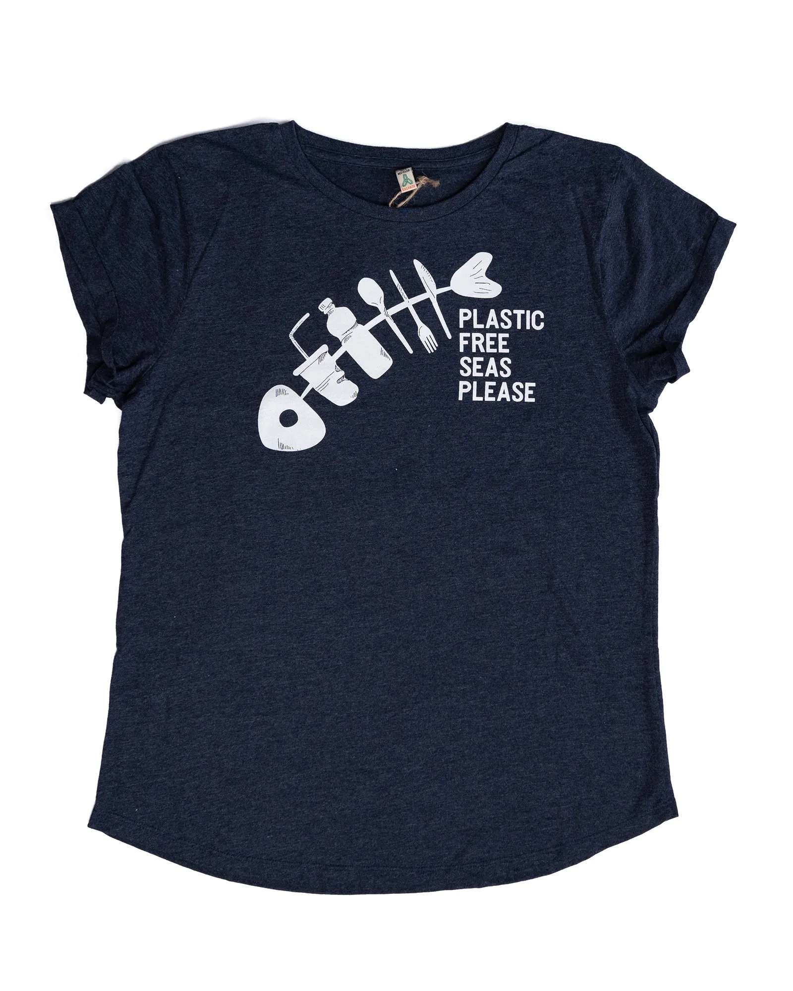 Women's 100% Recycled T-Shirt: Navy 'Plastic Free Seas Please'