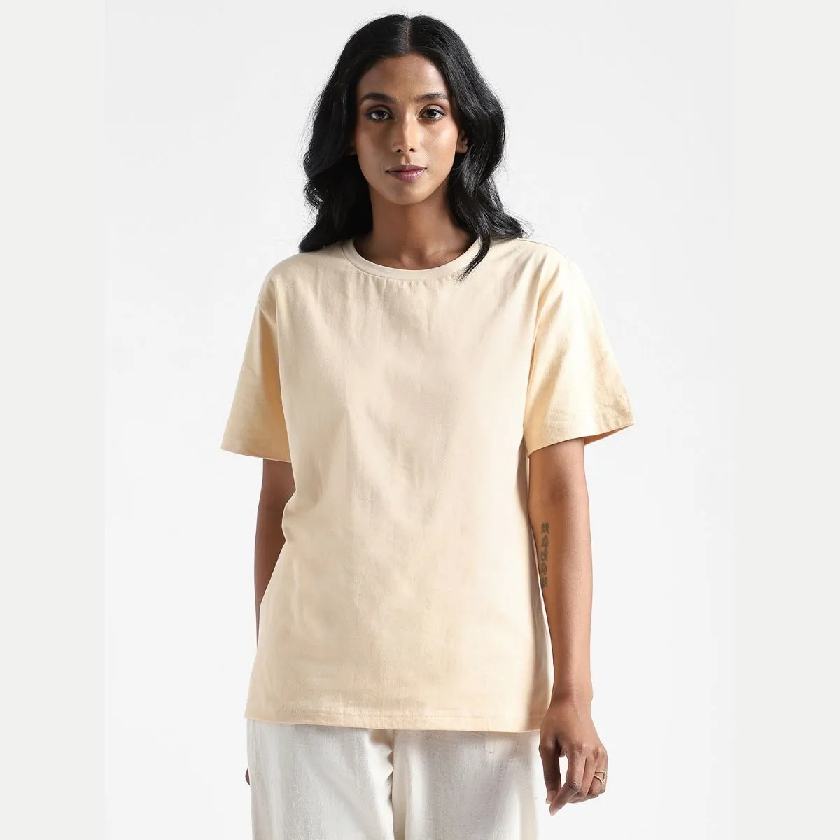 Women's Round Neck T-shirt | Soft Cotton | Comfort Fit | Creamy Corn
